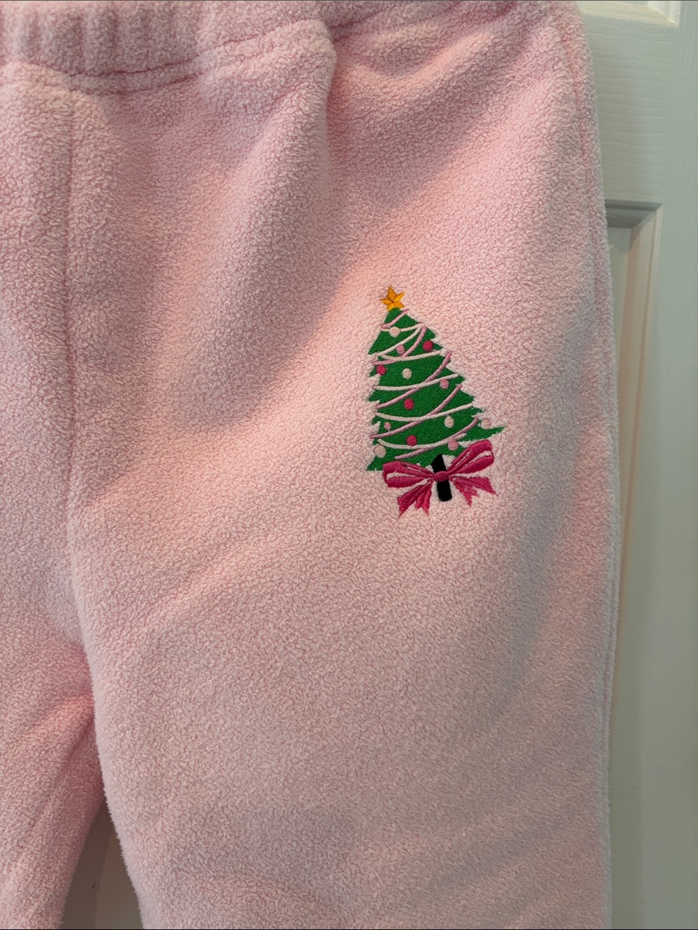 Pink Fleece Bottoms with Christmas Tree Embroidery-Firm - Picture 2 of 4